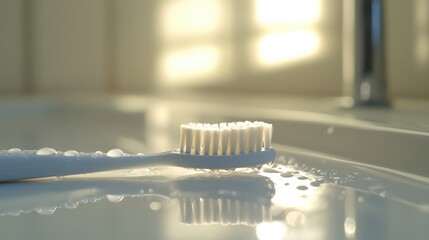 The image shows a close-up of a toothbrush placed on a bathroom countertop beside a tube of toothpaste, with sunlight reflecting softly on the wet surface, showcasing a refreshing morning routine