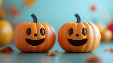 Two cheerful Halloween pumpkins with carved smiling faces sit alongside colorful autumn leaves, creating a festive atmosphere for the season.