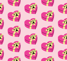 Heart shape chocolate box seamless pattern. Pink background for Valentines, day. Romantic vector wallpaper.