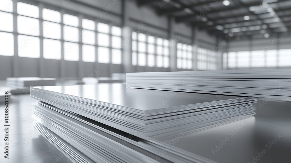 Poster stack of metal sheets in a factory setting