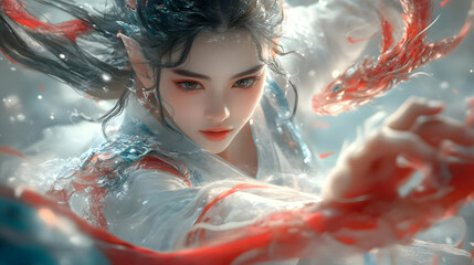 Fantasy Woman with Flowing Hair and Red Dragon, Abstract Background Animation