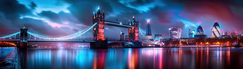 Fototapeta premium Tower bridge with dramatic lighting, grand and iconic, Urban, Cool tones, Photograph, Architectural marvel