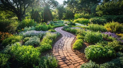 Obraz premium A well-organized circular herb garden, each section filled with fragrant culinary herbs and healing medicinal plants, vibrant greenery surrounding a central path
