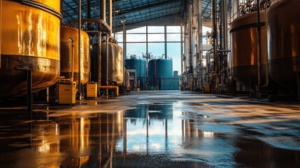 Interior condensation of water mist inside a fuel tank, surrounded by an oil tank warehouse setting.