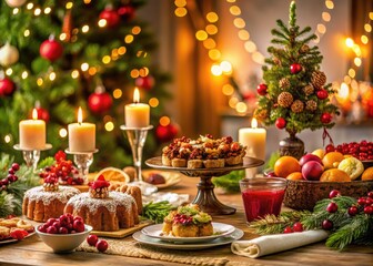 Fototapeta premium Festive Christmas Table Arrangement with Traditional Holiday Food and Decorative Elements for Celebration