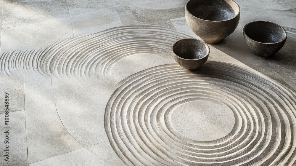 Poster soft, curving lines forming concentric circles in muted tones of gray and cream, creating a gentle, 