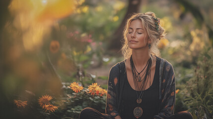 woman meditating in a scenic spot, AI generated