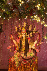 A beautiful idol of Maa Durga being worshipped at a pandal during Navratri. Navratri is biggest religious festival of Hinduism