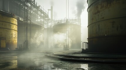 Obraz premium Misty interior of a fuel tank, set against the large storage tanks in an oil warehouse.