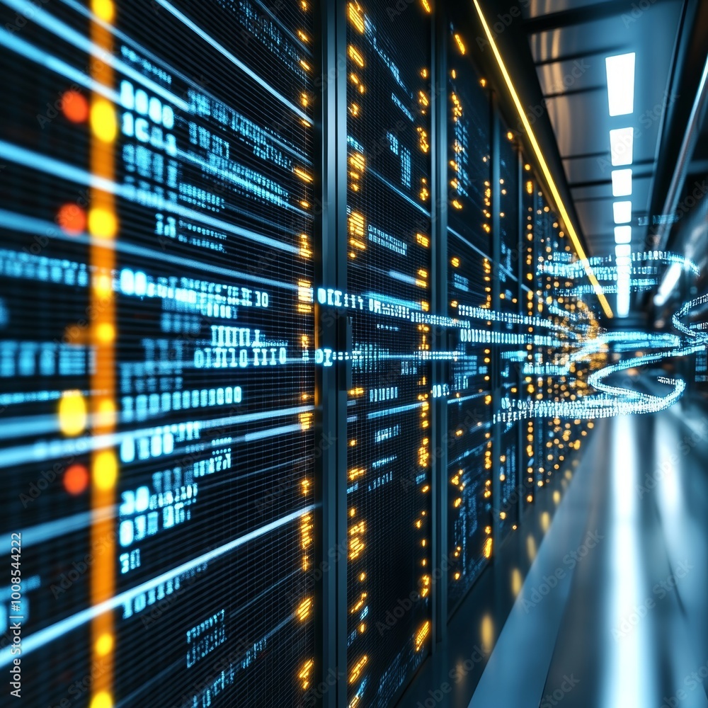 Poster futuristic data center with rows of network servers, big data, cloud computing technology.