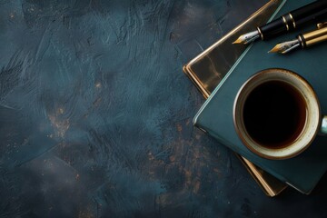 Elegant Flat Lay of Notebook, Fountain Pen, and Coffee Mug on Dark Table for Stylish Workspace
