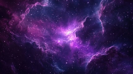 A vibrant cosmic scene showcasing swirling purple and blue nebulae in space.