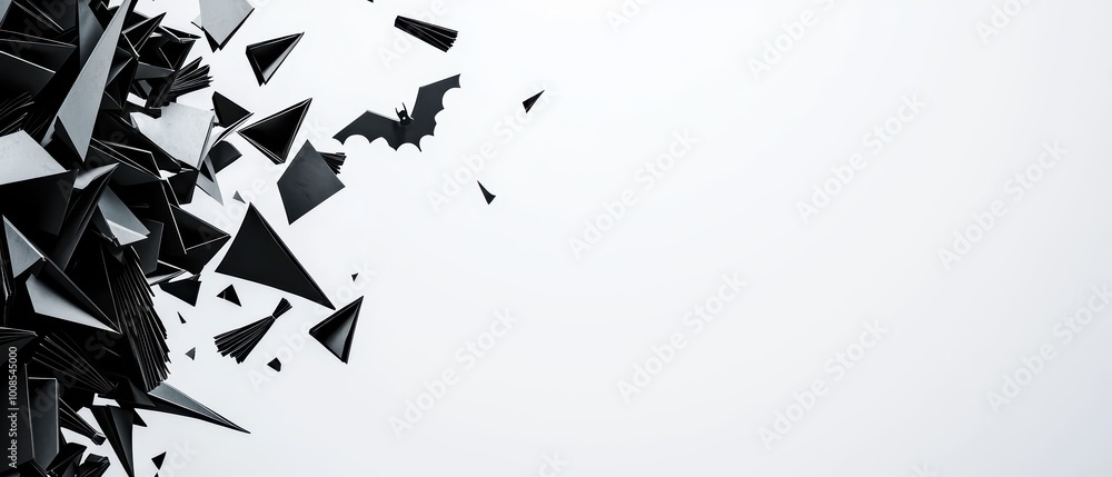 Poster a dynamic composition of fragmented black shapes expanding toward a light background, creating a sen