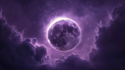 Obraz premium A mystical purple moon surrounded by clouds in a starry sky.
