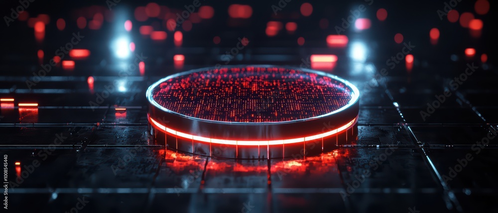 Poster a futuristic circular object with glowing red elements on a dark, digital background, symbolizing ad