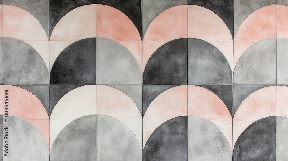 Poster soft, curving lines forming concentric half-moons in muted tones of gray and pink, each tile creatin