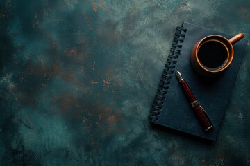  Elegant Flat Lay of Notebook, Fountain Pen, and Coffee Mug on Dark Table for Stylish Workspace
