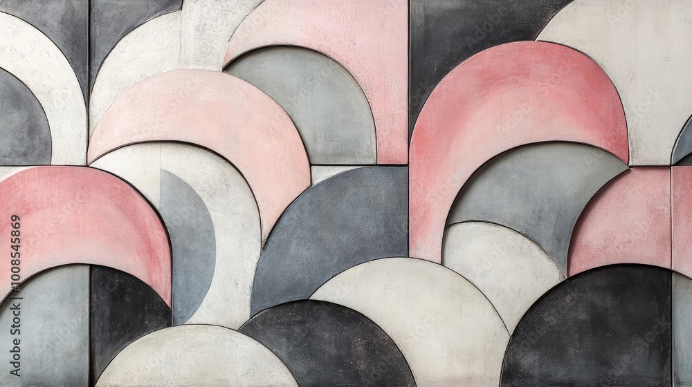 Poster soft, curving lines forming concentric half-moons in muted tones of gray and pink, each tile creatin