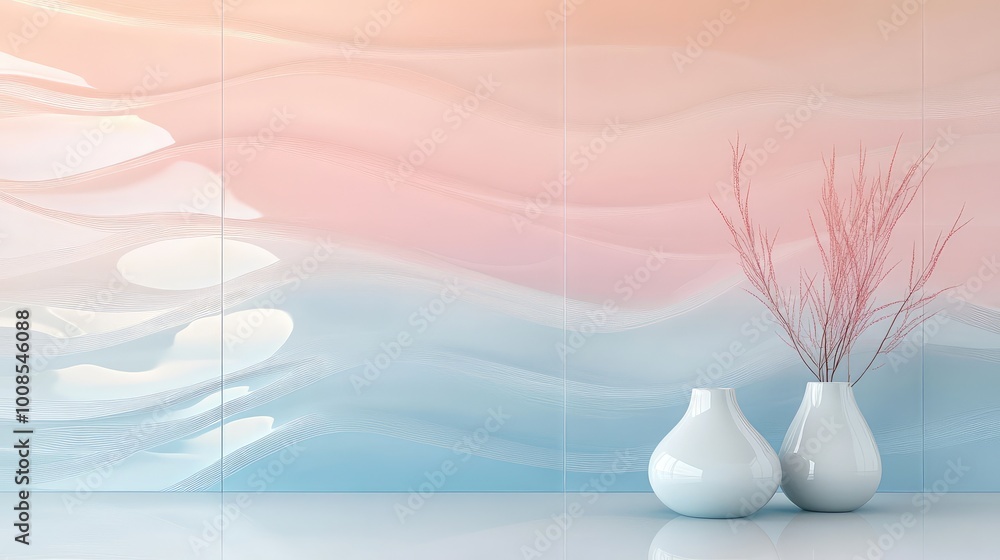 Poster soft, flowing lines in pastel shades of pink and blue, creating a calming, wave-like pattern that ge