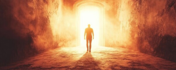 Fototapeta premium A solitary figure stands in a glowing doorway, symbolizing hope and new beginnings amidst a mystical atmosphere.