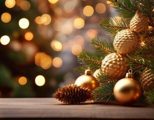 A festive close-up of a Christmas tree featuring golden ornaments and pine cones, illuminated by warm fairy lights, creating a cozy holiday atmosphere.