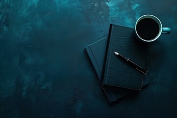  Elegant Flat Lay of Notebook, Fountain Pen, and Coffee Mug on Dark Table for Stylish Workspace