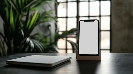 Blank Smartphone Screen with Notebook on Table Mockup