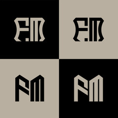 FM polygon, circle, hexagon, flat and simple letter logo set in one artboard. FM minimalist and classic logo.
