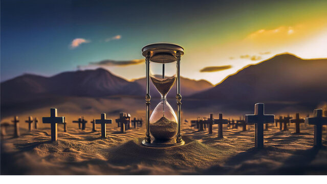 Eine Sanduhr symbolisiert die Verg&auml;nglichkeit des Lebens, hier verdeutlicht durch einen Friedhof in der W&uuml;ste bei Sonnenuntergang.