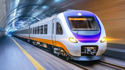 Fototapeta premium A modern train in motion, captured inside a vibrant tunnel, showcasing speed and design elements of contemporary rail travel.