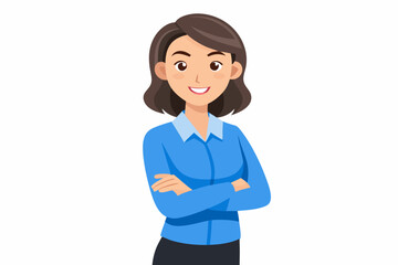 Portrait of a smiling business woman wearing a blue shirt and grey pants standing with her arms crossed isolated on a white background. vector art illustration.