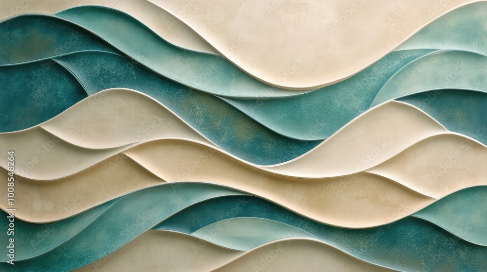 Poster soft, flowing lines in shades of teal and beige, creating a calming, wave-like pattern that spreads 