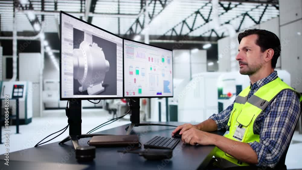 Poster engineer doing 3d cad model design on computer