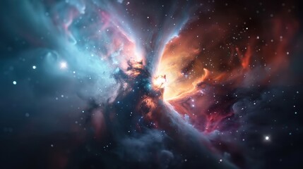 Majestic formation of a nebula with radiant bursts of color and light from a dense expanding cosmic cloud.