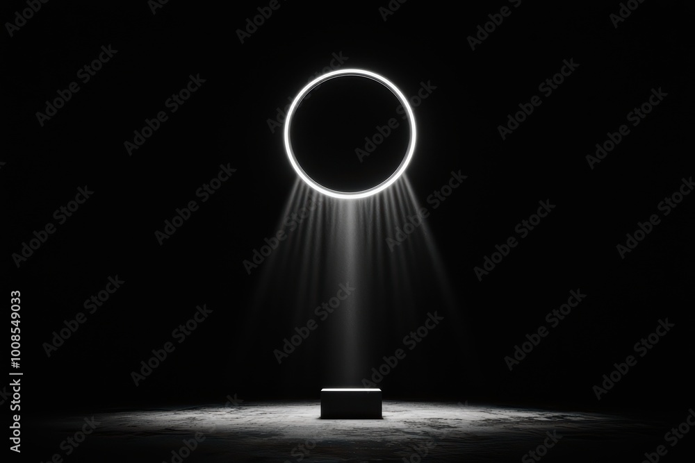 Poster a striking visual of a glowing circle with beam light effects over a dark background, creating a dra