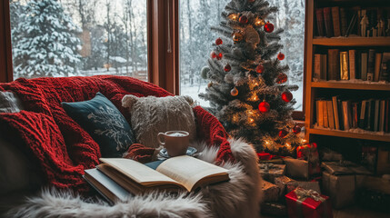 Cozy reading nook by the window with a holiday book and a festive tree during a snowy winter afternoon