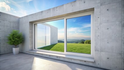 Fototapeta premium The minimalist white aluminum window frame stands out against a flawless white cement wall, highlighting the essence of