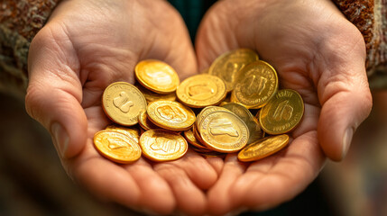 Fototapeta premium Hands holding a collection of golden coins, displaying wealth and prosperity in a warm, inviting light