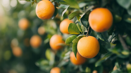 Organic oranges ripening on trees in a sunlit orchard during the peak of harvest season