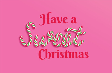  Have a very sweet Christmas square banner for social media or greeting card. Vector design. Text made of traditional candy cane isolated on a modern pink background.  