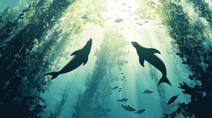 Obraz premium Two seals swimming upwards towards the surface of the water through a kelp forest.