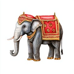 An ornate elephant adorned with a vibrant red and gold blanket, standing proudly against a white isolated background.