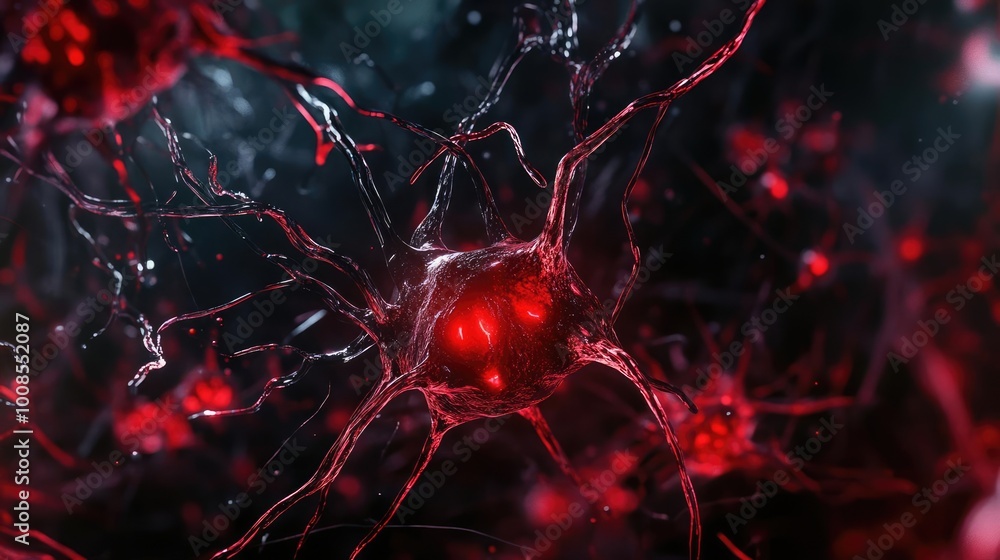 Poster close-up view of a neuron with vibrant red and black details, depicting the intricate network of neu