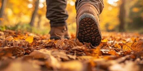 A close-up of a boots crunching through fallen leaves during a late autumn walk