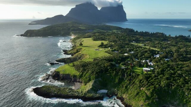 Aerial footage of Lord Howe island flying over the east coast of the main island