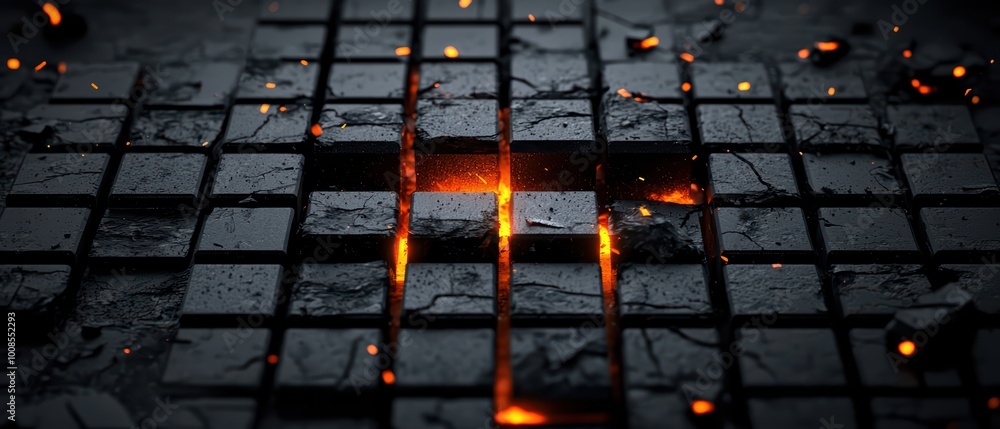 Poster close-up view of glowing cracks in a dark surface, showcasing a fiery light emanating from within. d