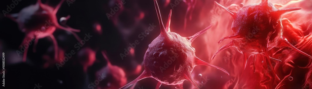 Poster close-up view of vibrant, abstract cells illuminated with red and purple tones, representing biologi