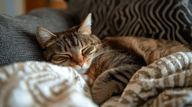 A cozy cat resting peacefully on a couch surrounded by soft blankets in a warm living room during the afternoon