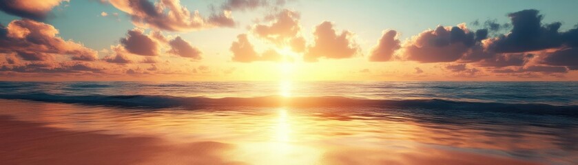 A serene sunset illuminating the ocean, with vibrant colors reflecting on tranquil waters and soft clouds in the sky.