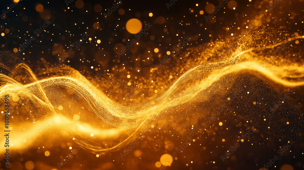 Poster a vibrant flow of golden particles dancing through the air, illuminated against a dark background, c